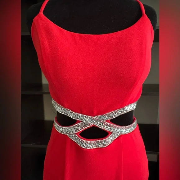Speechless Red Prom / PageantGown with Halter Neckline and Silver Embellishments - Picture 3 of 10